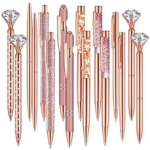 16 Pcs Rose Gold Ballpoint Pen Set Include Diamond Pen Metal Stylus Pen Liquid Sand Pen Flower Pen Glitter Retractable Pen Black Ink Slim Ballpoint Pen for Wedding Party Office School Home Supplies