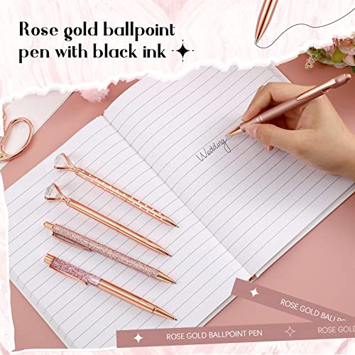 16 Pcs Rose Gold Ballpoint Pen Set Include Diamond Pen Metal Stylus Pen Liquid Sand Pen Flower Pen Glitter Retractable Pen Black Ink Slim Ballpoint Pen for Wedding Party Office School Home Supplies