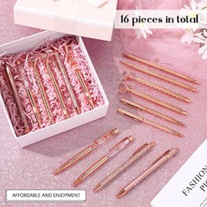 16 Pcs Rose Gold Ballpoint Pen Set Include Diamond Pen Metal Stylus Pen Liquid Sand Pen Flower Pen Glitter Retractable Pen Black Ink Slim Ballpoint Pen for Wedding Party Office School Home Supplies