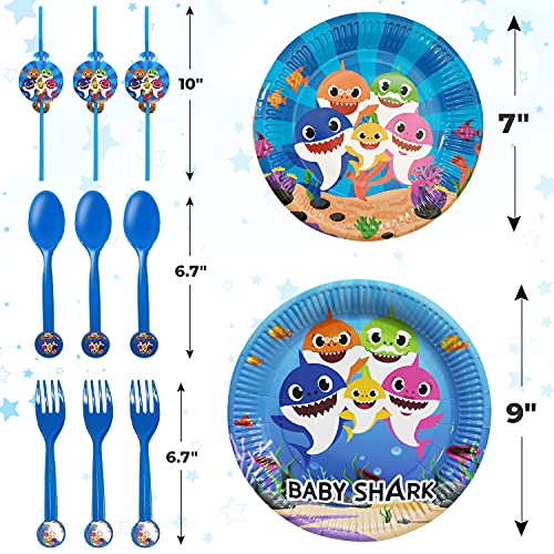 Empire Party Supply Baby Shark Theme Birthday Party Supplies and Decorations Set for Boys | 115 Pcs Disposable Blue Baby Shark Party Kit Includes Plates, Spoons, Cups, Napkins | Serves 16 Guests