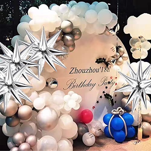 NOVWANG 75 Pcs Explosion Star Foil Balloons 12 Point Silver Starburst Cone Mylar Balloons for Party Supplies Christmas Birthday Wedding Baby Shower Photo Booth (Silver)