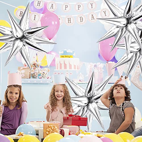 NOVWANG 75 Pcs Explosion Star Foil Balloons 12 Point Silver Starburst Cone Mylar Balloons for Party Supplies Christmas Birthday Wedding Baby Shower Photo Booth (Silver)
