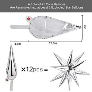 NOVWANG 75 Pcs Explosion Star Foil Balloons 12 Point Silver Starburst Cone Mylar Balloons for Party Supplies Christmas Birthday Wedding Baby Shower Photo Booth (Silver)