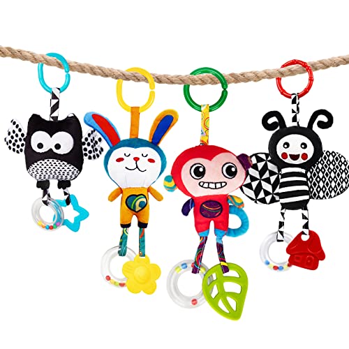 teytoy Baby Toys for 0, 3, 6, 9, 12 Months, Animal Hanging Baby Rattles, Baby Bed Crib Car Seat Travel Stroller Soft Plush Crinkle Toys for Infant, Newborn Birthday Gifts(4 Pack)