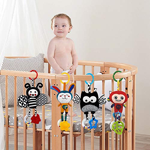 teytoy Baby Toys for 0, 3, 6, 9, 12 Months, Animal Hanging Baby Rattles, Baby Bed Crib Car Seat Travel Stroller Soft Plush Crinkle Toys for Infant, Newborn Birthday Gifts(4 Pack)