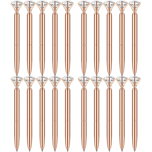 PASISIBICK 20 Rose Gold Diamond Pens Bling Diamond Gem Pen Décor Gifts for Women Bridesmaid Coworkers Bulk Crystal Metal Ballpoint Pens Black Ink(Rose Gold)