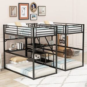 multi-function 4-in-1 design quad bunk bed with storage staircase, double twin over twin metal bunk bed with desk and shelves, heavy duty metal bunk bed frame for kids teens, maximize space (black-4)