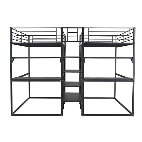 Multi-Function 4-in-1 Design Quad Bunk Bed with Storage Staircase, Double Twin Over Twin Metal Bunk Bed with Desk and Shelves, Heavy Duty Metal Bunk Bed Frame for Kids Teens, Maximize Space (Black-4)