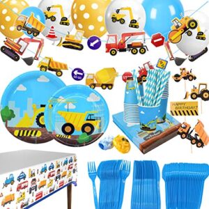 construction themed birthday party supplies for boys - dump truck and tractor party decorations set for kids,include plates,cups,napkins,balloon,tablecloth and banner,24 guests,235 pcs