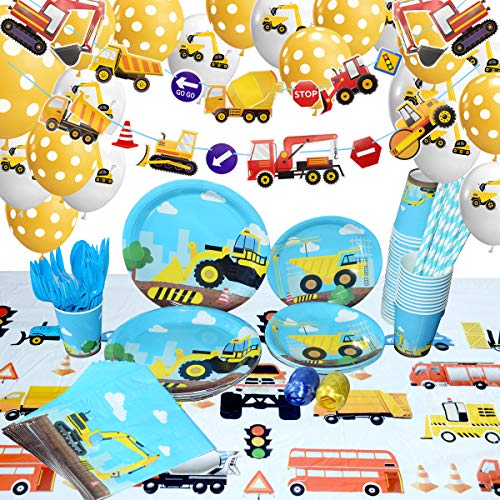 Construction Themed Birthday Party Supplies for Boys - Dump Truck and Tractor Party Decorations Set For Kids,Include Plates,Cups,Napkins,Balloon,Tablecloth and Banner,24 Guests,235 Pcs