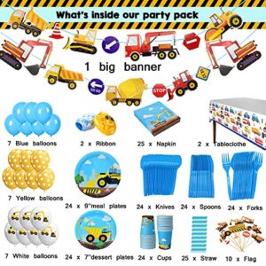 Construction Themed Birthday Party Supplies for Boys - Dump Truck and Tractor Party Decorations Set For Kids,Include Plates,Cups,Napkins,Balloon,Tablecloth and Banner,24 Guests,235 Pcs