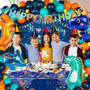 HJINGY 265 PCS Dinosaur Party Decorations, Blue Dinosaur Birthday Party Supplies for Boys Include Dinosaur Balloons, Customized Backdrop, Happy Birthday Banner, Tablecloth, Plates, Cake Toppers