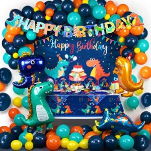 HJINGY 265 PCS Dinosaur Party Decorations, Blue Dinosaur Birthday Party Supplies for Boys Include Dinosaur Balloons, Customized Backdrop, Happy Birthday Banner, Tablecloth, Plates, Cake Toppers