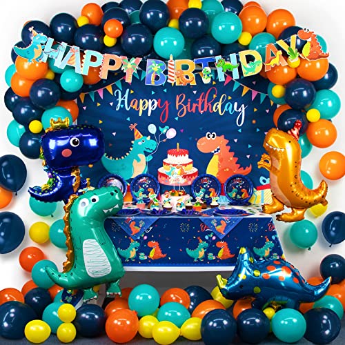 HJINGY 265 PCS Dinosaur Party Decorations, Blue Dinosaur Birthday Party Supplies for Boys Include Dinosaur Balloons, Customized Backdrop, Happy Birthday Banner, Tablecloth, Plates, Cake Toppers