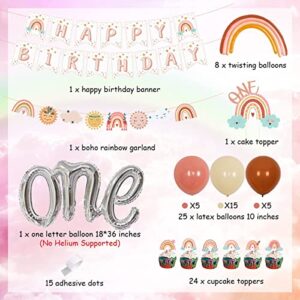 Boho Rainbow 1st Birthday Decorations, Bohemian Rainbow Balloon Happy Birthday Banner Cake Toppers for Girls First Birthday Party Supplies