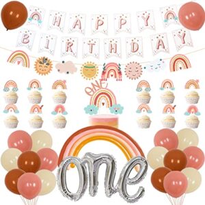 boho rainbow 1st birthday decorations, bohemian rainbow balloon happy birthday banner cake toppers for girls first birthday party supplies