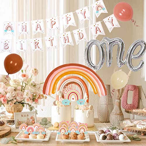 Boho Rainbow 1st Birthday Decorations, Bohemian Rainbow Balloon Happy Birthday Banner Cake Toppers for Girls First Birthday Party Supplies