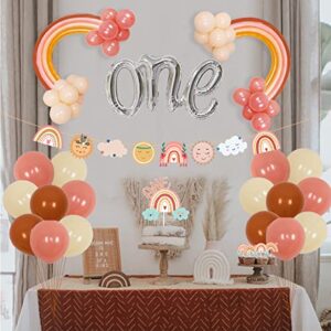 Boho Rainbow 1st Birthday Decorations, Bohemian Rainbow Balloon Happy Birthday Banner Cake Toppers for Girls First Birthday Party Supplies