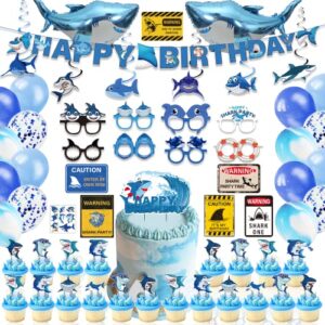 shark birthday party decorations, shark theme party supplies for boys baby - banner, cake, and cupcake toppers, balloons. hanging swirl, shark glasses, shark sign