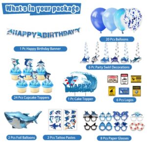 Shark Birthday Party Decorations, Shark Theme Party Supplies for Boys Baby - Banner, Cake, and Cupcake Toppers, Balloons. Hanging Swirl, Shark Glasses, Shark Sign