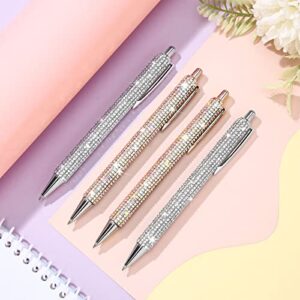 4 Pcs Rhinestone Metal Ballpoint Pens Bling Bling Pens Black Ink Pens Diamond Pen Big Crystal Ballpoint Pens 4 Pcs 1.0mm Pen Refills for Kids Students Teachers Gift (Silver, AB Silver)