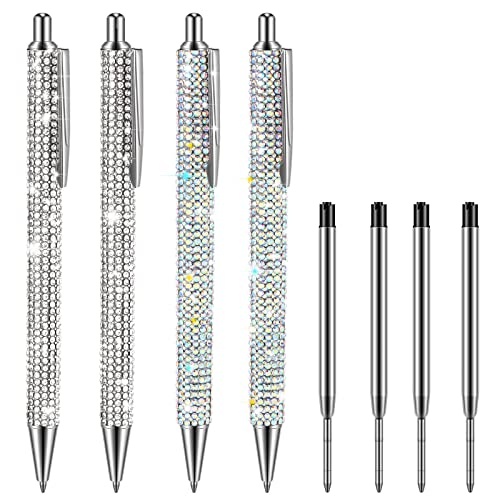 4 Pcs Rhinestone Metal Ballpoint Pens Bling Bling Pens Black Ink Pens Diamond Pen Big Crystal Ballpoint Pens 4 Pcs 1.0mm Pen Refills for Kids Students Teachers Gift (Silver, AB Silver)