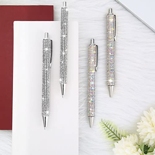 4 Pcs Rhinestone Metal Ballpoint Pens Bling Bling Pens Black Ink Pens Diamond Pen Big Crystal Ballpoint Pens 4 Pcs 1.0mm Pen Refills for Kids Students Teachers Gift (Silver, AB Silver)