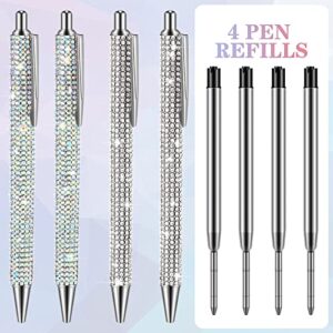 4 Pcs Rhinestone Metal Ballpoint Pens Bling Bling Pens Black Ink Pens Diamond Pen Big Crystal Ballpoint Pens 4 Pcs 1.0mm Pen Refills for Kids Students Teachers Gift (Silver, AB Silver)