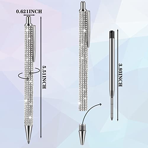 4 Pcs Rhinestone Metal Ballpoint Pens Bling Bling Pens Black Ink Pens Diamond Pen Big Crystal Ballpoint Pens 4 Pcs 1.0mm Pen Refills for Kids Students Teachers Gift (Silver, AB Silver)