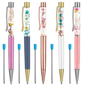 ubabe ballpoint pens, 5pcs blue ink metal pens purple/grey/rose gold/white/pink cute pens liquid dried flower pen for school supplies desk accessories (blue ink)