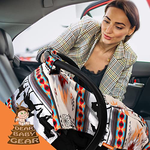 Dear Baby Gear Deluxe Car Seat Canopy - Infant Car Seat Cover - Baby Car Seat Cover - Carseat Canopy - Car Seat Cover for Baby Car Seat (Southwestern Tribal Horses - Reversible Custom Minky 40"x30")