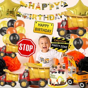 Construction Theme Birthday Party Decorations Kit Dumb Truck Excavator Crane Banner Foil Curtain Tablecloth Balloons for Boys 1st 2nd 3rd 4th 5th Birthday Party, Baby Shower Supplies.