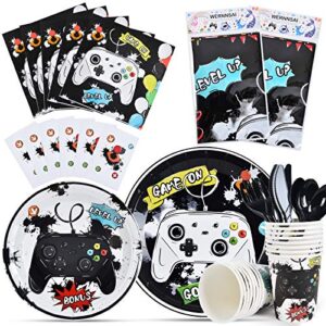 wernnsai watercolor video game party tableware set - gaming party supplies for boys gamer birthday plates cups napkins tablecloth cutlery bags utensils serves 16 guests 130 pcs