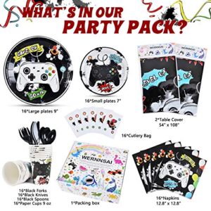 WERNNSAI Watercolor Video Game Party Tableware Set - Gaming Party Supplies for Boys Gamer Birthday Plates Cups Napkins Tablecloth Cutlery Bags Utensils Serves 16 Guests 130 PCS