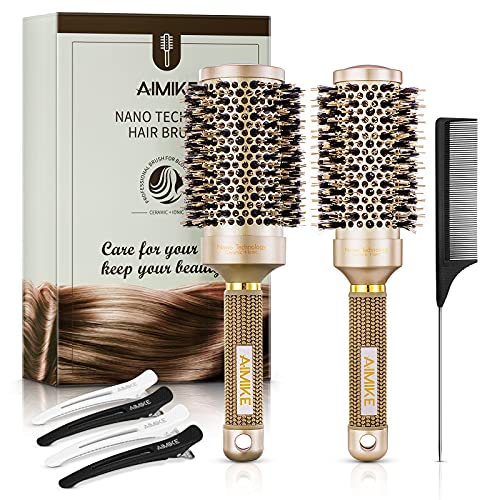 AIMIKE Round Brush Set, Nano Thermal Ceramic & Ionic Tech Hair Brush, Round Barrel Brush with Boar Bristles for Blow Drying, Enhance Texture for Styling, Curling and Shine, 1 Tail Comb + 4 Hair Clips