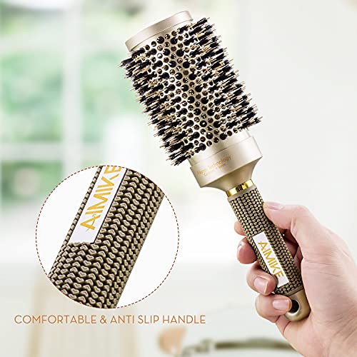 AIMIKE Round Brush Set, Nano Thermal Ceramic & Ionic Tech Hair Brush, Round Barrel Brush with Boar Bristles for Blow Drying, Enhance Texture for Styling, Curling and Shine, 1 Tail Comb + 4 Hair Clips