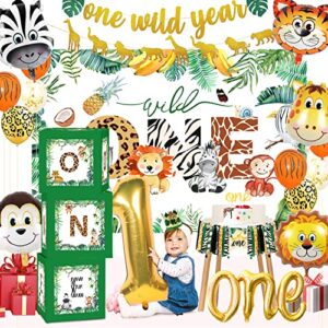 naiwoxi wild one birthday decorations, jungle theme party supplies include high chair banner, wild one backdrop, balloon box, crown, garland, balloons, topper, animal safari first birthday decorations