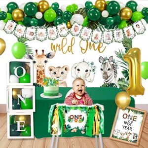 Wild One Birthday Decorations Supplies, Jungle Theme First Birthday Decoration, Wild One Backdrop High Chair Banner, First Birthday Balloon Box for 1st Birthday Boy Girls Decorations, Jungle Safari 1st Birthday Party Supplies