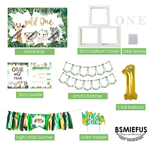 Wild One Birthday Decorations Supplies, Jungle Theme First Birthday Decoration, Wild One Backdrop High Chair Banner, First Birthday Balloon Box for 1st Birthday Boy Girls Decorations, Jungle Safari 1st Birthday Party Supplies