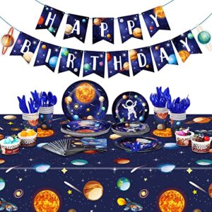 outer space birthday party supplies serve 24 space party tableware set including happy birthday banner solar system tablecloth paper plates cups napkins knives forks spoons for kids party decoration