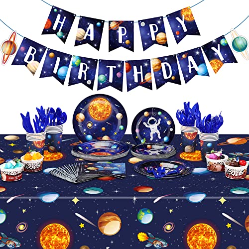 Outer Space Birthday Party Supplies Serve 24 Space Party Tableware Set Including Happy Birthday Banner Solar System Tablecloth Paper Plates Cups Napkins Knives Forks Spoons for Kids Party Decoration