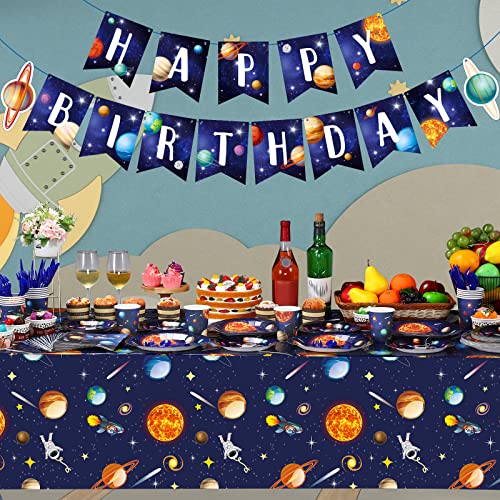 Outer Space Birthday Party Supplies Serve 24 Space Party Tableware Set Including Happy Birthday Banner Solar System Tablecloth Paper Plates Cups Napkins Knives Forks Spoons for Kids Party Decoration