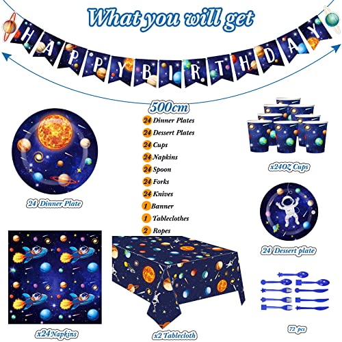 Outer Space Birthday Party Supplies Serve 24 Space Party Tableware Set Including Happy Birthday Banner Solar System Tablecloth Paper Plates Cups Napkins Knives Forks Spoons for Kids Party Decoration