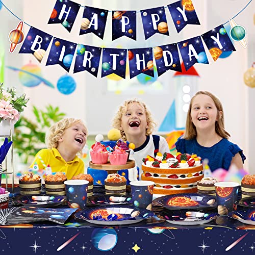 Outer Space Birthday Party Supplies Serve 24 Space Party Tableware Set Including Happy Birthday Banner Solar System Tablecloth Paper Plates Cups Napkins Knives Forks Spoons for Kids Party Decoration