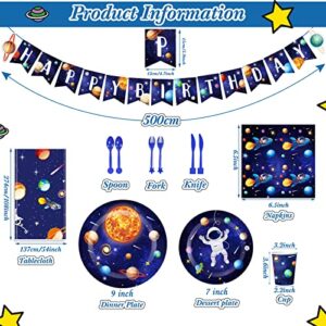 Outer Space Birthday Party Supplies Serve 24 Space Party Tableware Set Including Happy Birthday Banner Solar System Tablecloth Paper Plates Cups Napkins Knives Forks Spoons for Kids Party Decoration