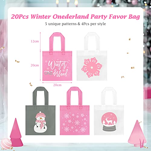 20Pcs Winter Onederland Party Favor Bags, Non-Woven Snowflake Gift Treat Bags Snowman Candy Bag Winter Wonderland Party Bag for Winter Baby Shower Decoration Winter First Birthday Party Supplies