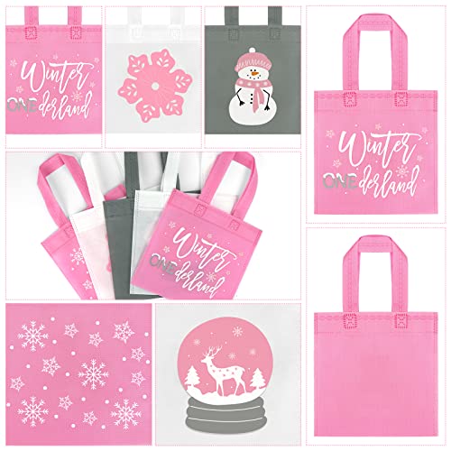 20Pcs Winter Onederland Party Favor Bags, Non-Woven Snowflake Gift Treat Bags Snowman Candy Bag Winter Wonderland Party Bag for Winter Baby Shower Decoration Winter First Birthday Party Supplies