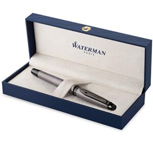 waterman expert rollerball pen | metallic silver lacquer with ruthenium trim | fine point | black ink | with gift box