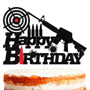 Black Glitter Cake Topper Boy Girl Happy Birthday Party Decorations Heavy Gun Bullet Target Shooting Enthusiast Veteran's Day Theme Decor Supplies