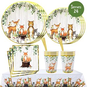 121pc woodland creatures theme baby shower decorations, birthday party supplies for boy & girl -tablecloth, paper plates napkins straws & cups of forest animal friends fox deer tableware set serves 24